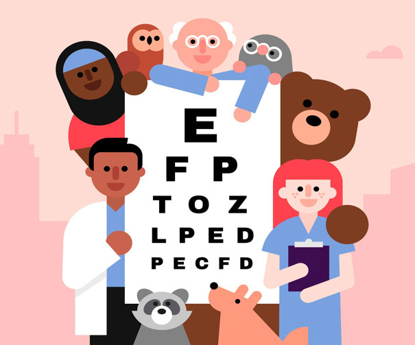 Doctors around eye test sign